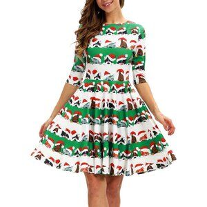 Women's Ugly Christmas Santa Dress Cat & Dog Holiday Print Dress for Party Xmas